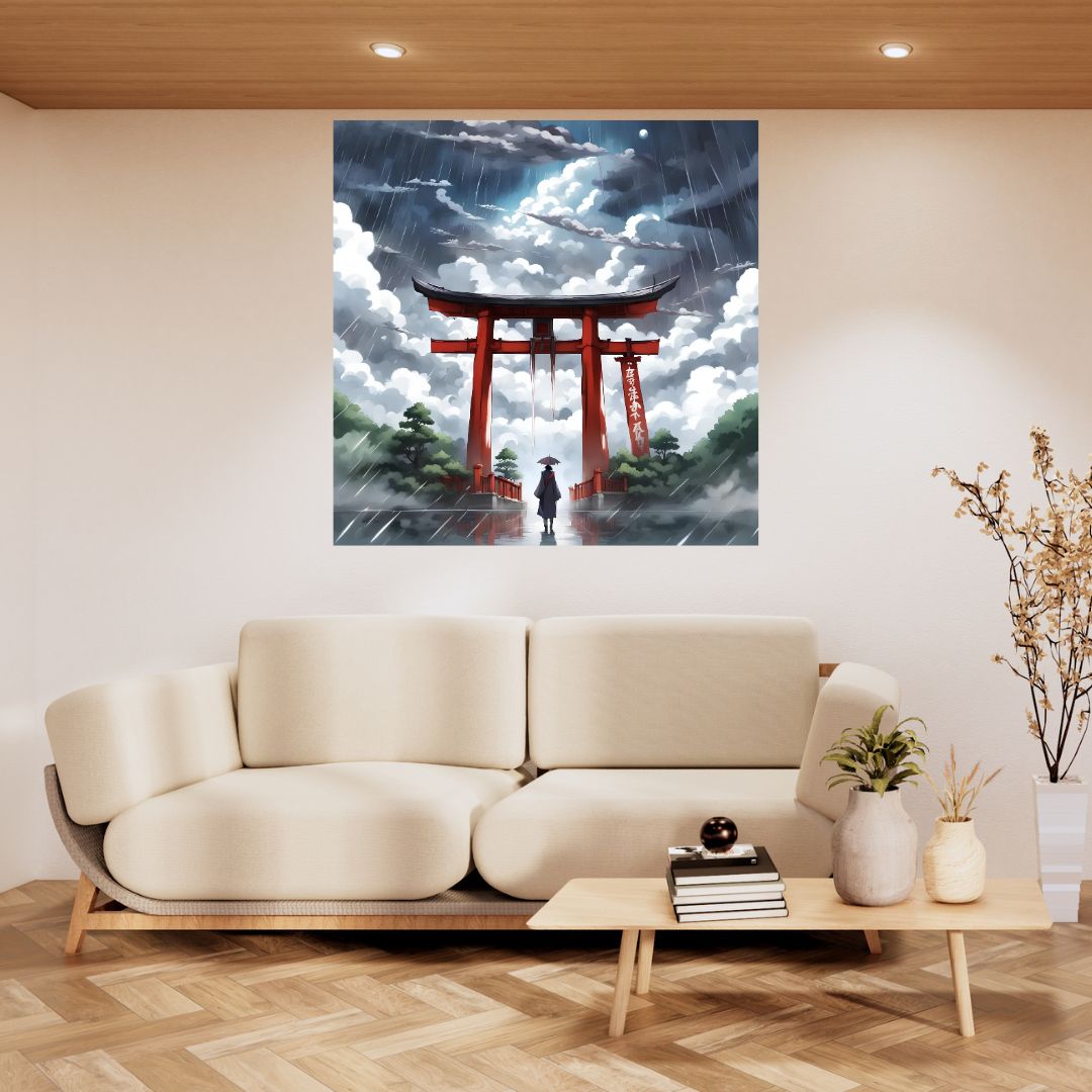 Poster Toile Mystique de Pluie au Torii Rouge - Évasion Zen en Décoration Murale