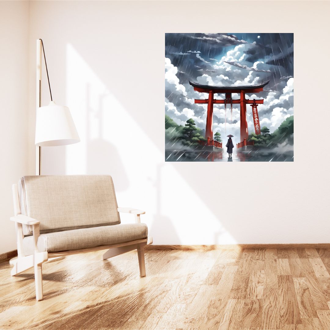 Póster Místico en Lienzo de Lluvia con Torii Rojo - Escape Zen en Decoración de Pared