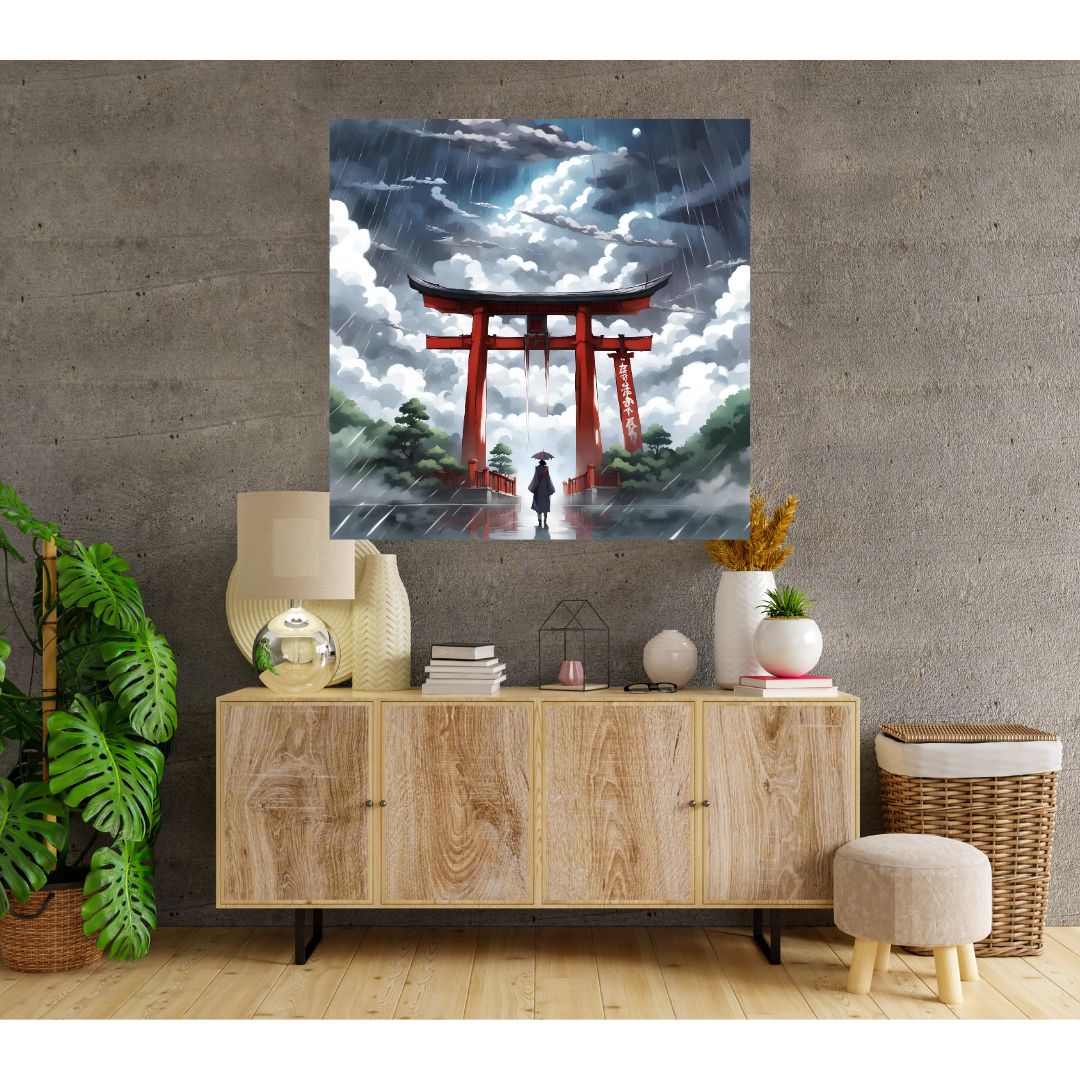 Poster Toile Mystique de Pluie au Torii Rouge - Évasion Zen en Décoration Murale