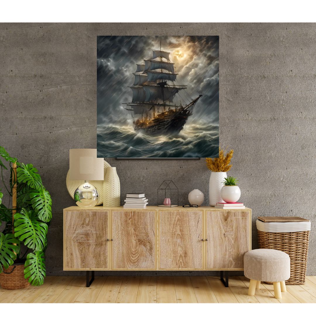 Poster Storm and Temerity: Pirate Ship in Rough Seas Canvas