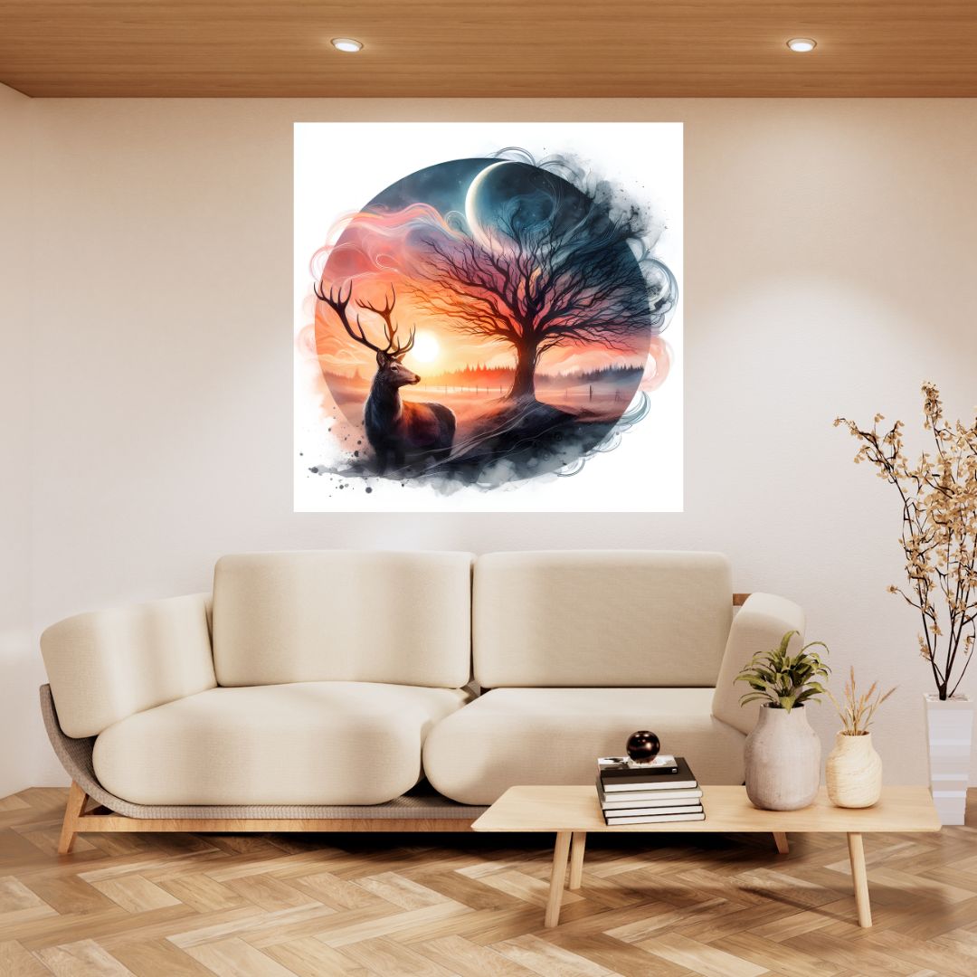 Celestial Symbiosis Poster: Deer Canvas and Moon Landscape