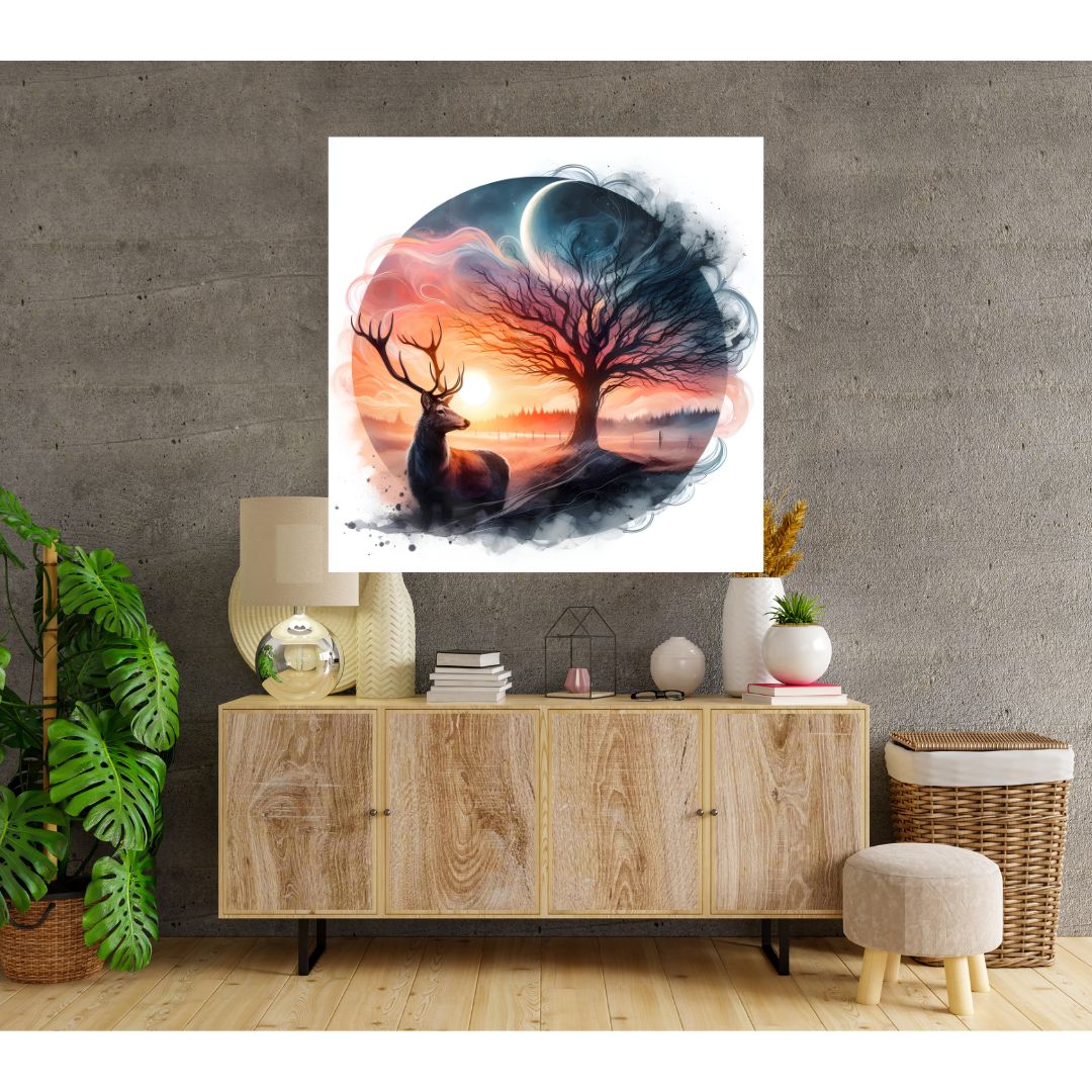 Celestial Symbiosis Poster: Deer Canvas and Moon Landscape