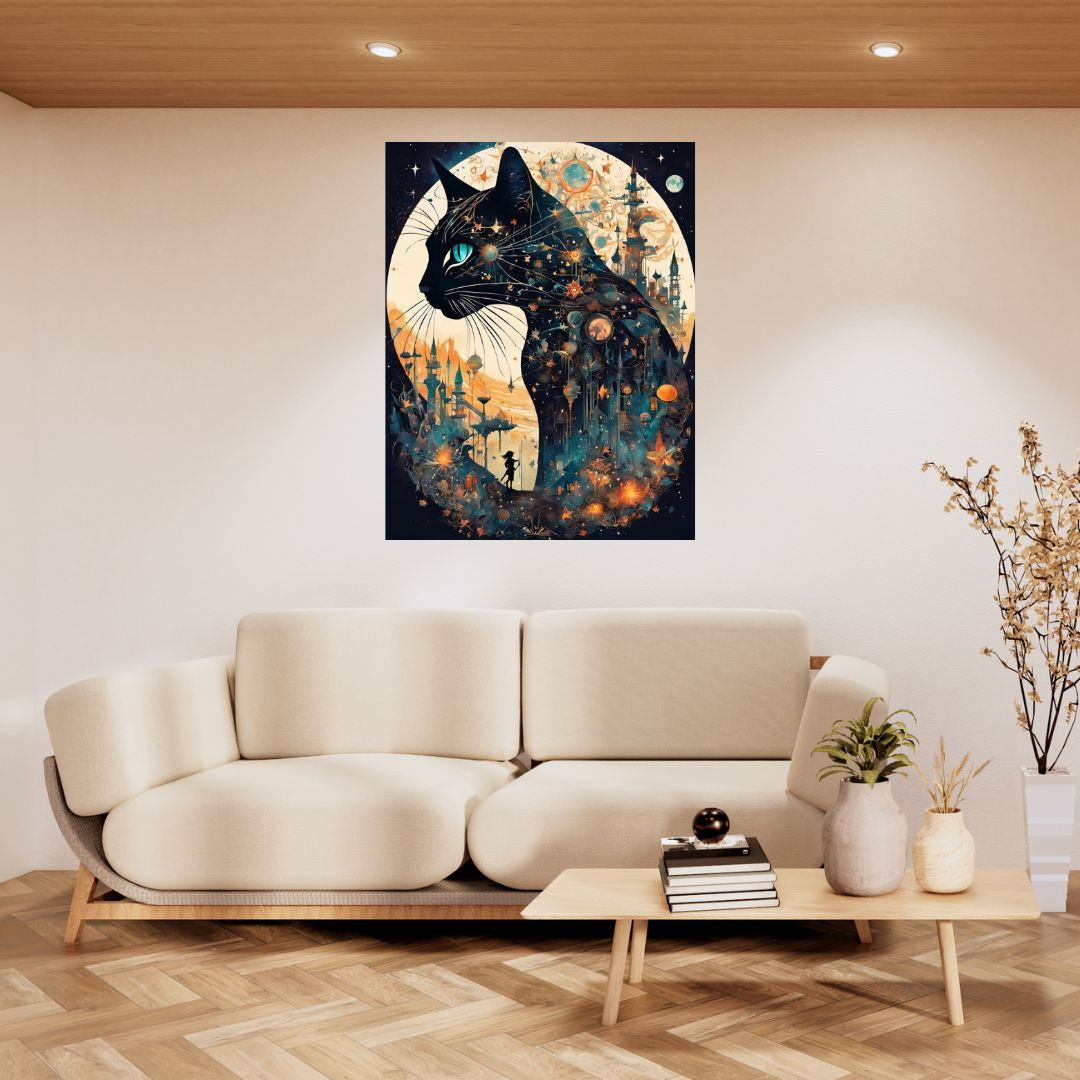 Póster Celestial Reveries - Pintura del gato nocturno