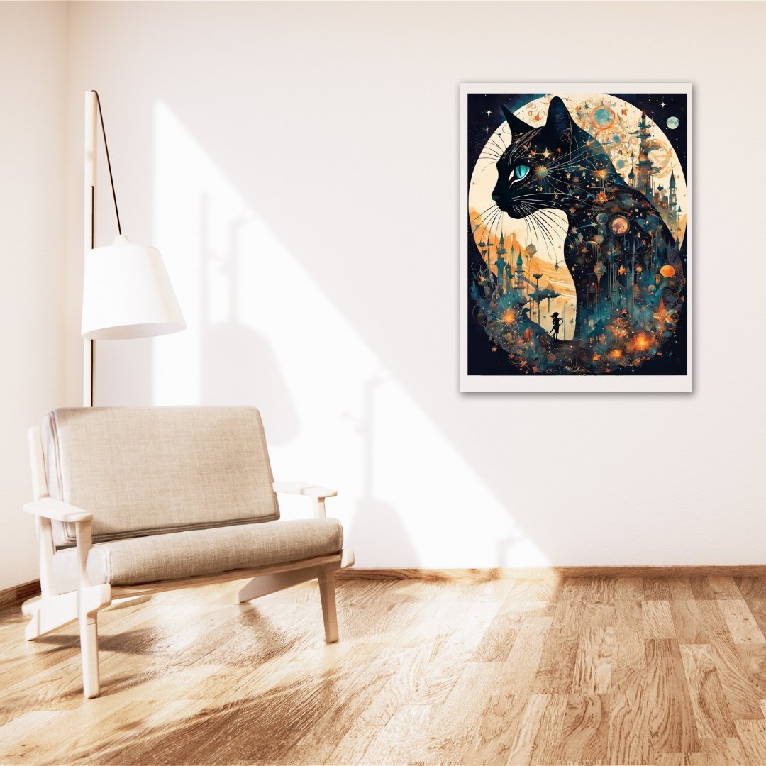 Póster Celestial Reveries - Pintura del gato nocturno