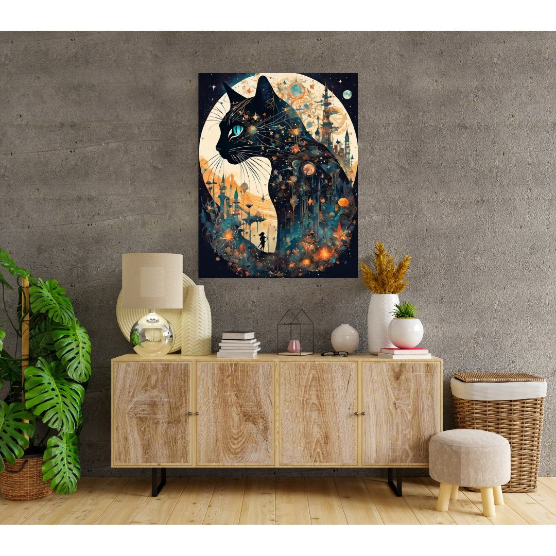 Póster Celestial Reveries - Pintura del gato nocturno