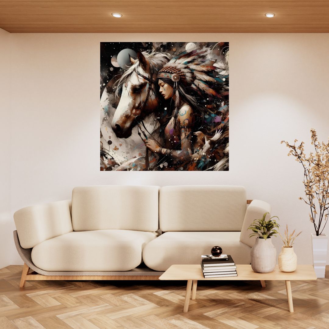 Spiritual Harmony Canvas Poster: Horse and Indian Woman in Artistic Fusion