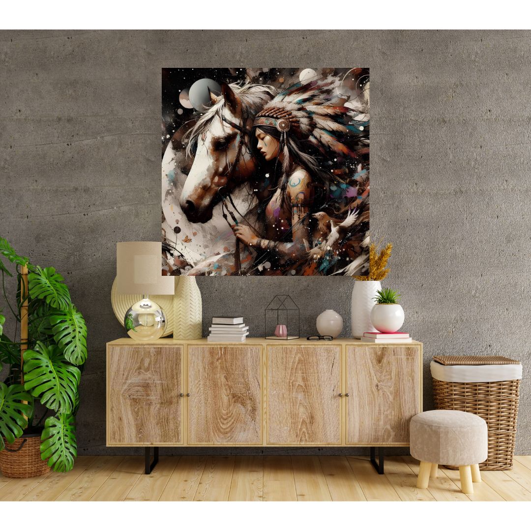 Spiritual Harmony Canvas Poster: Horse and Indian Woman in Artistic Fusion