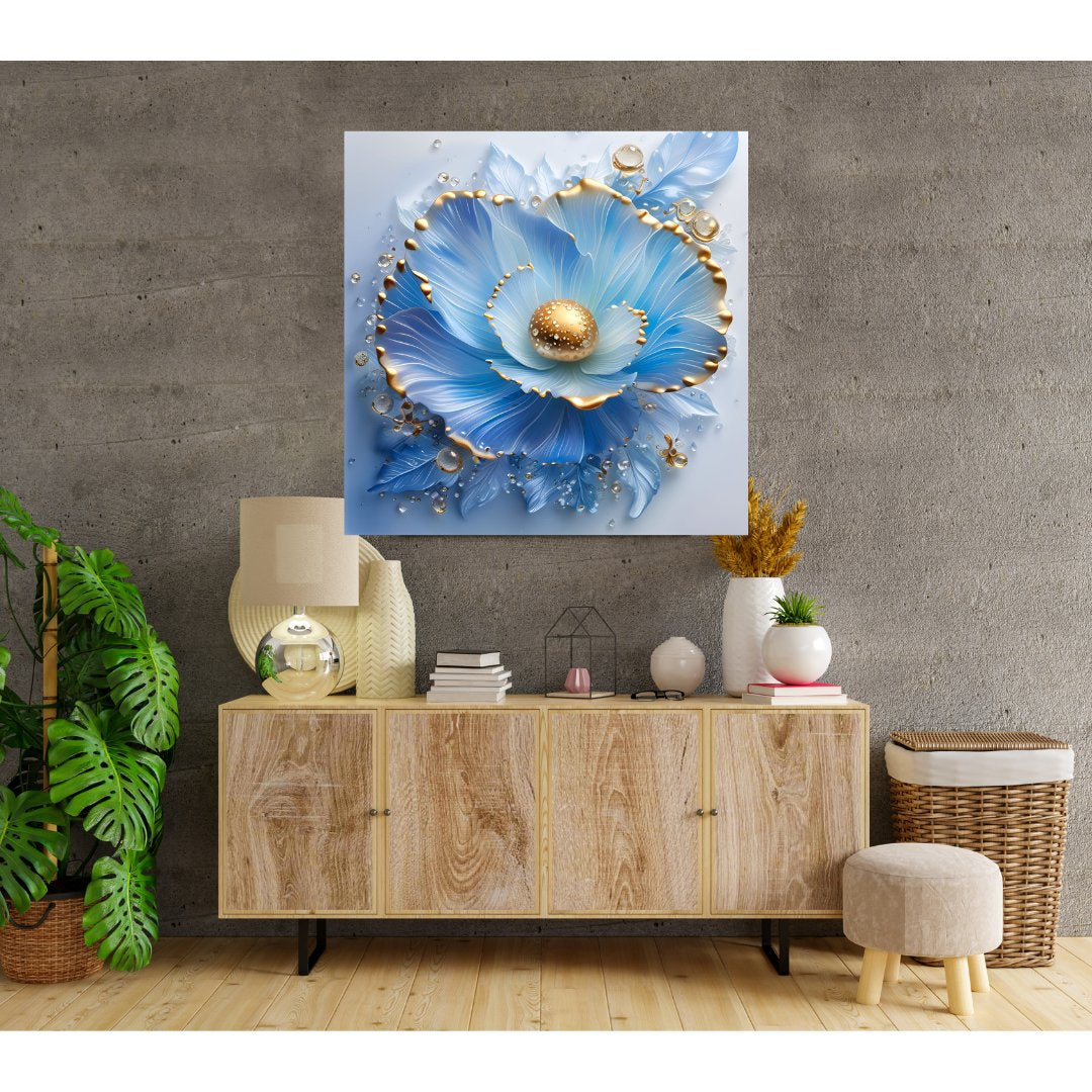 Aquatic Floral Canvas Poster - Blue and Gold Sparkle