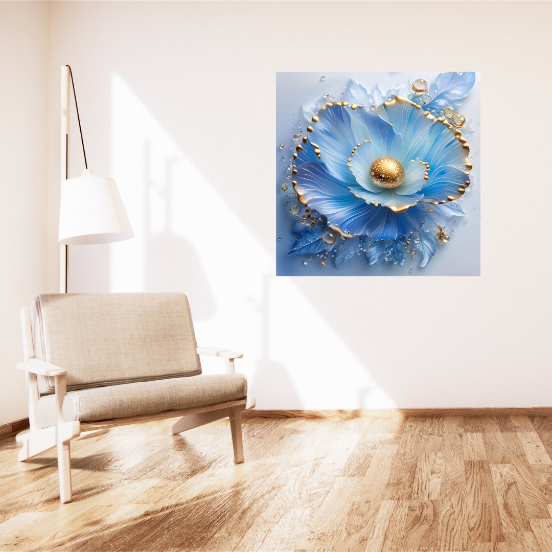 Aquatic Floral Canvas Poster - Blue and Gold Sparkle