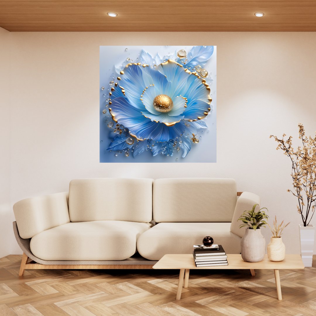 Aquatic Floral Canvas Poster - Blue and Gold Sparkle