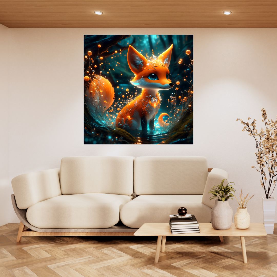 Póster Enchanted Radiance: Pintura luminiscente de hadas de zorro para decoración mágica de paredes