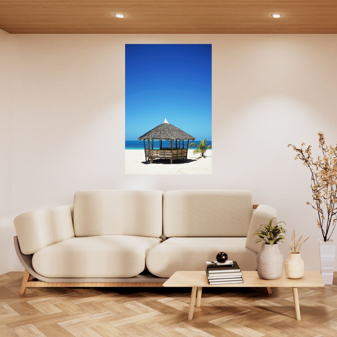 Tropical Escape Poster: Pagoda and Palm Tree on White Sand Canvas