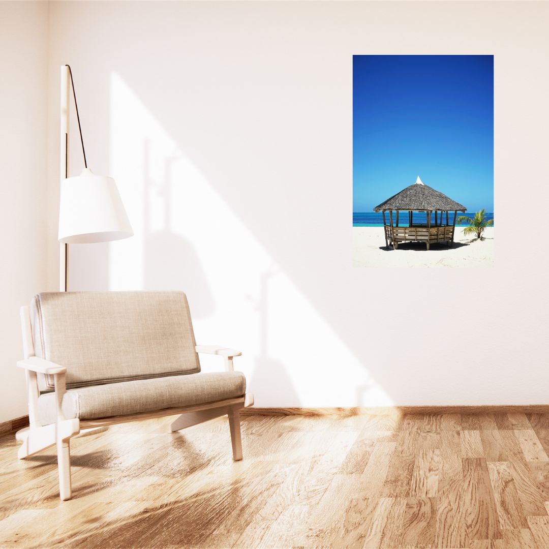 Tropical Escape Poster: Pagoda and Palm Tree on White Sand Canvas