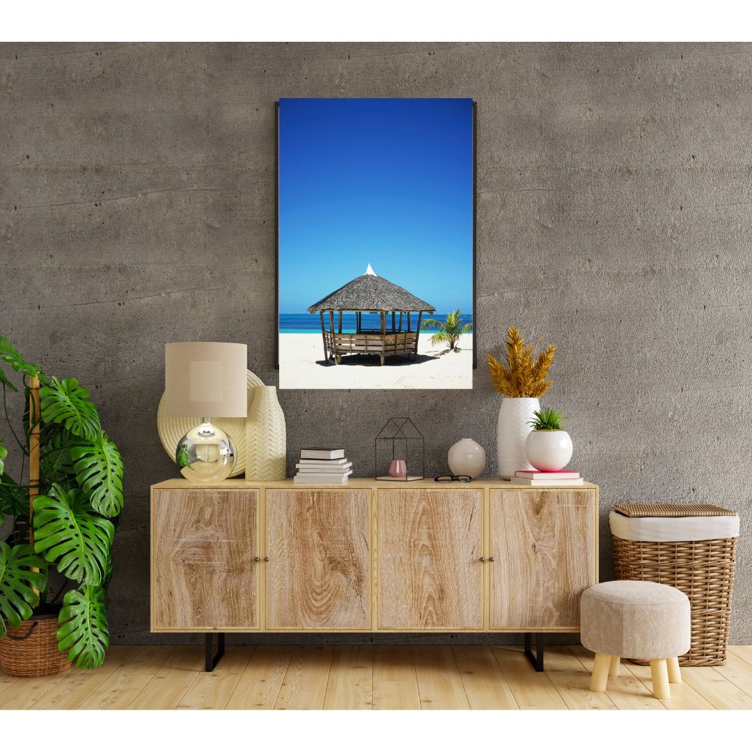 Tropical Escape Poster: Pagoda and Palm Tree on White Sand Canvas