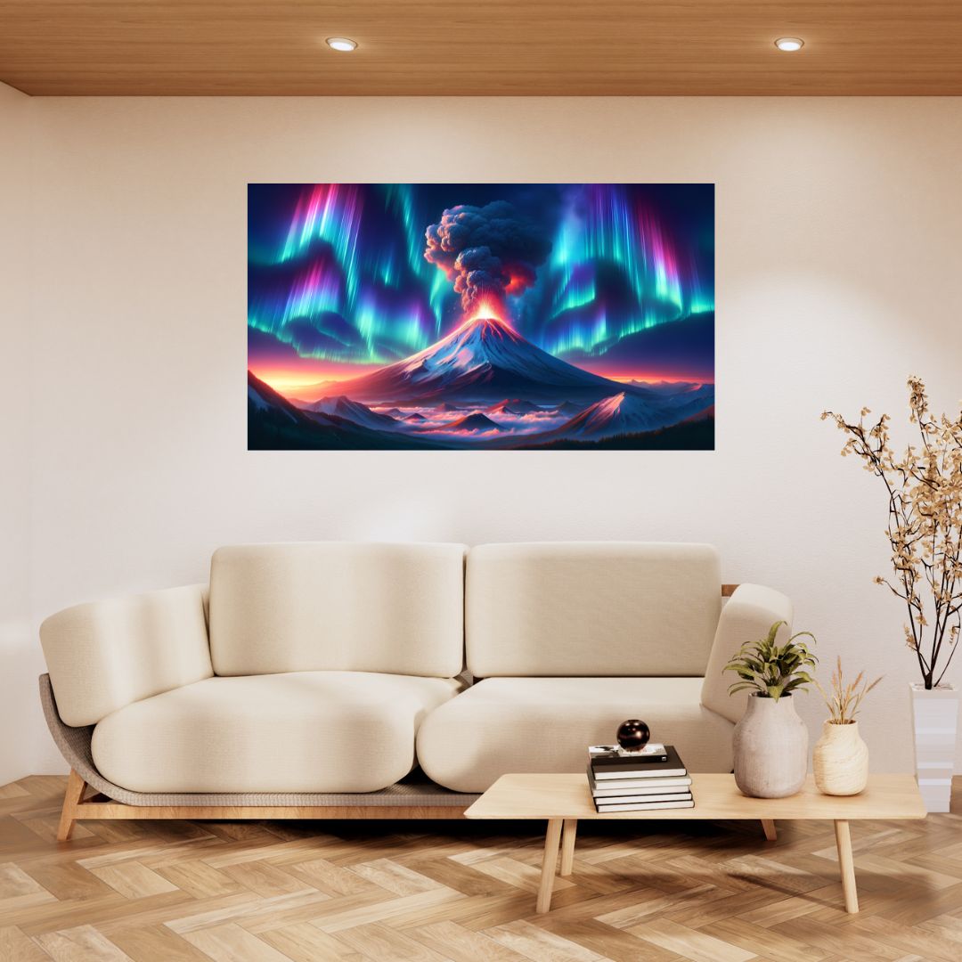 Poster Celestial Dance: Volcano and Aurora Borealis in Symphony