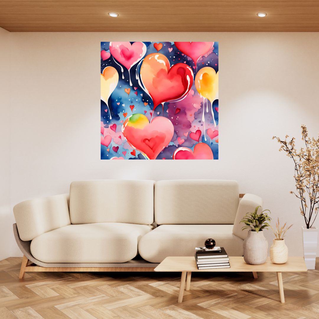 Poster Kakemono - Ballons cœurs multicolores - Toile décoration murale joyeuse