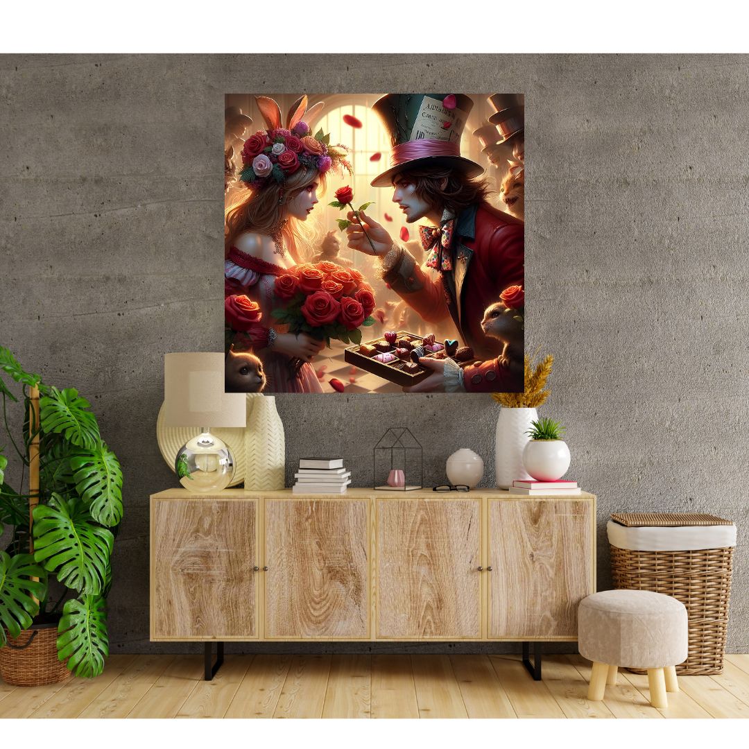 Poster Kakemono - Couple romantique avec roses et chocolat - Toile décoration murale élégante