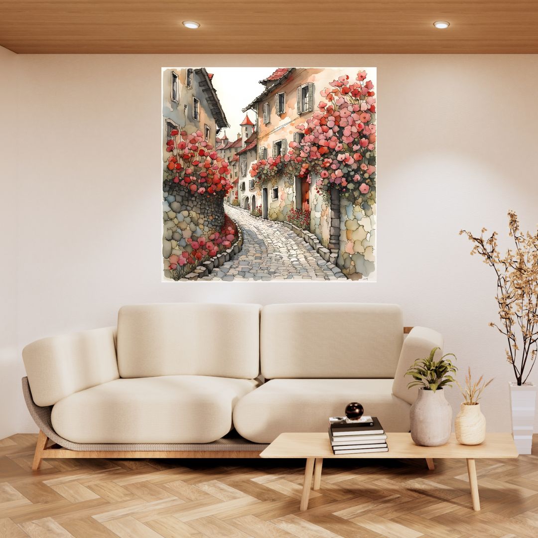 Póster Kakemono - Pintoresco pueblo de flores - Encantador lienzo decorativo de pared 