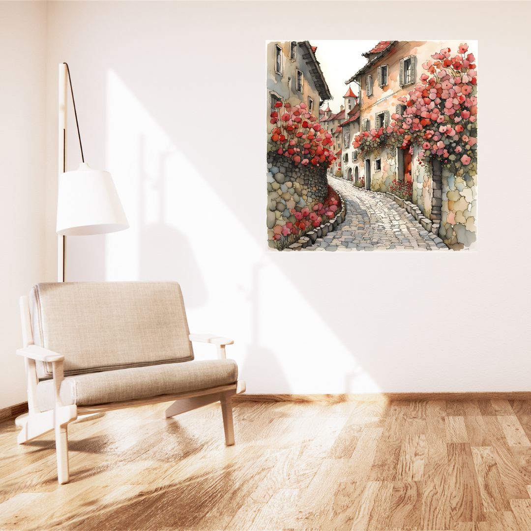 Póster Kakemono - Pintoresco pueblo de flores - Encantador lienzo decorativo de pared 