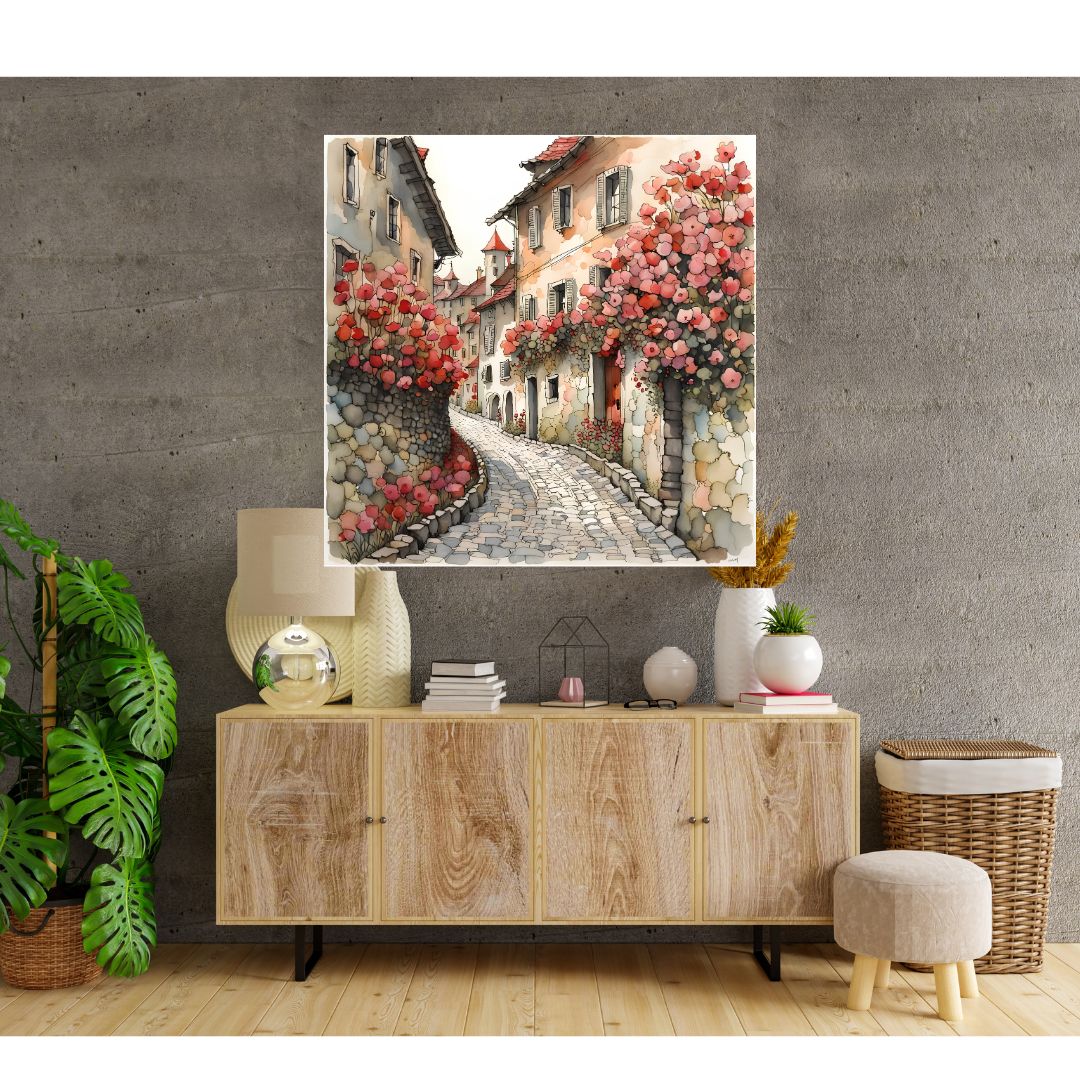 Póster Kakemono - Pintoresco pueblo de flores - Encantador lienzo decorativo de pared 