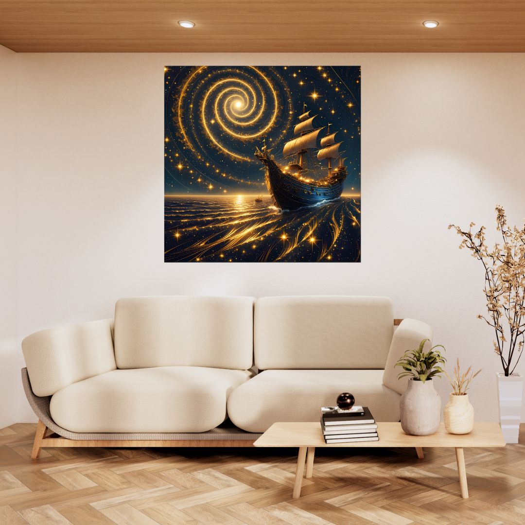 Starry Ship on Golden Sea Poster - Magic Picture for Wall Decoration 