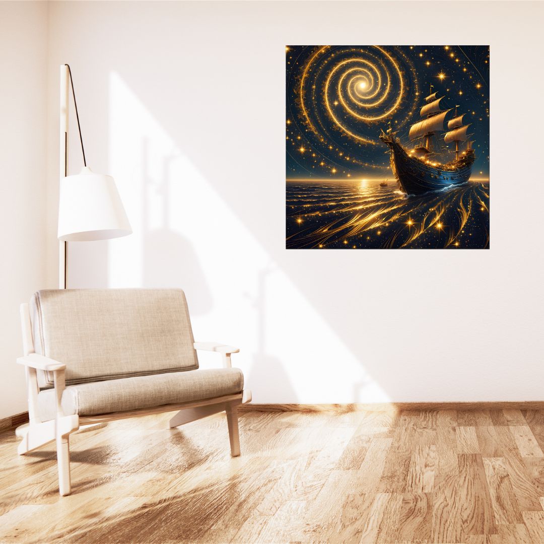 Starry Ship on Golden Sea Poster - Magic Picture for Wall Decoration 