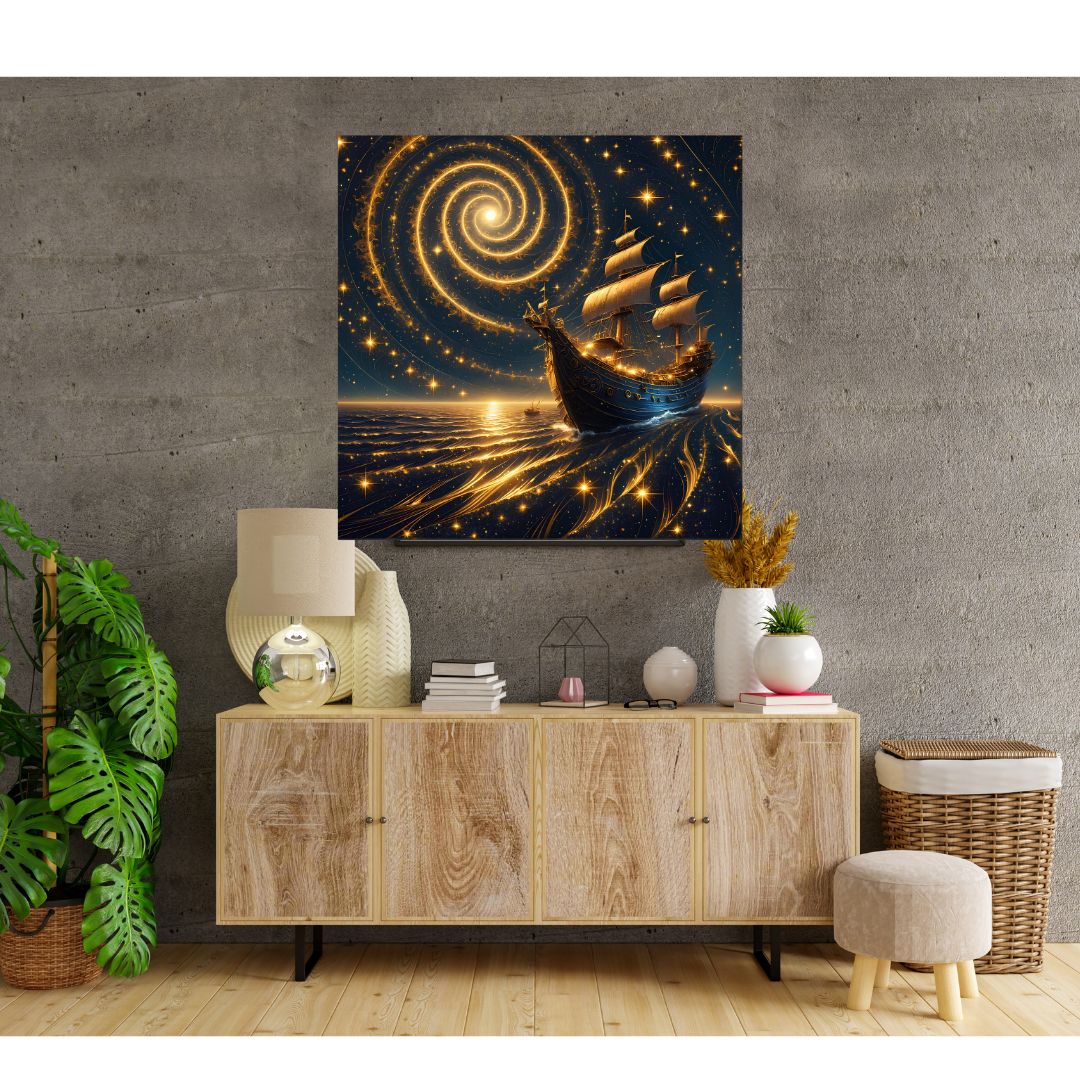 Starry Ship on Golden Sea Poster - Magic Picture for Wall Decoration 