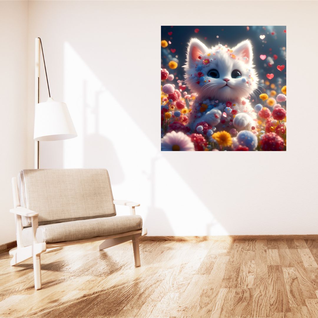 Cute Cat in Flower Fields Poster - Adorable Wall Decor