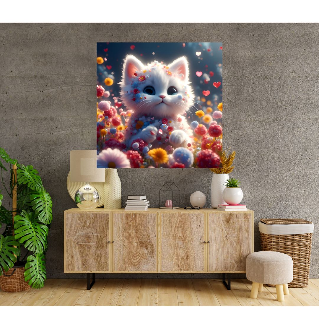 Póster Pintura Lindo Gato en Medio de Campos de Flores - Adorable Decoración de Pared