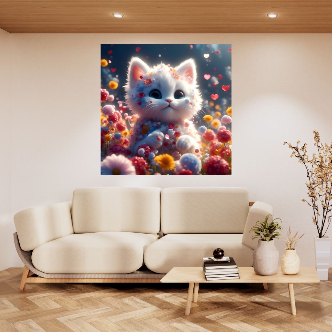 Póster Pintura Lindo Gato en Medio de Campos de Flores - Adorable Decoración de Pared