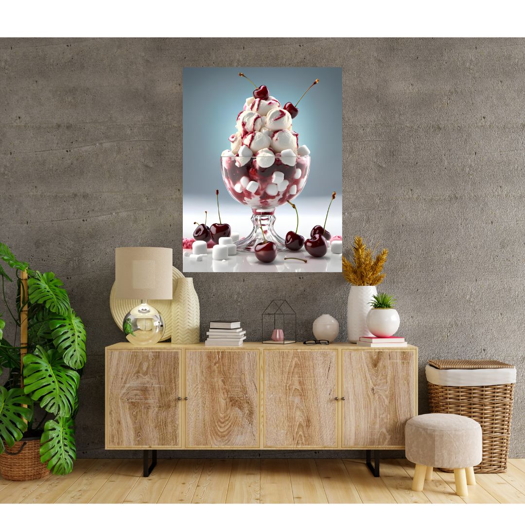 Poster Délice Gourmand : Tableau pour Cuisine "Coupe de Glace et Cerises"