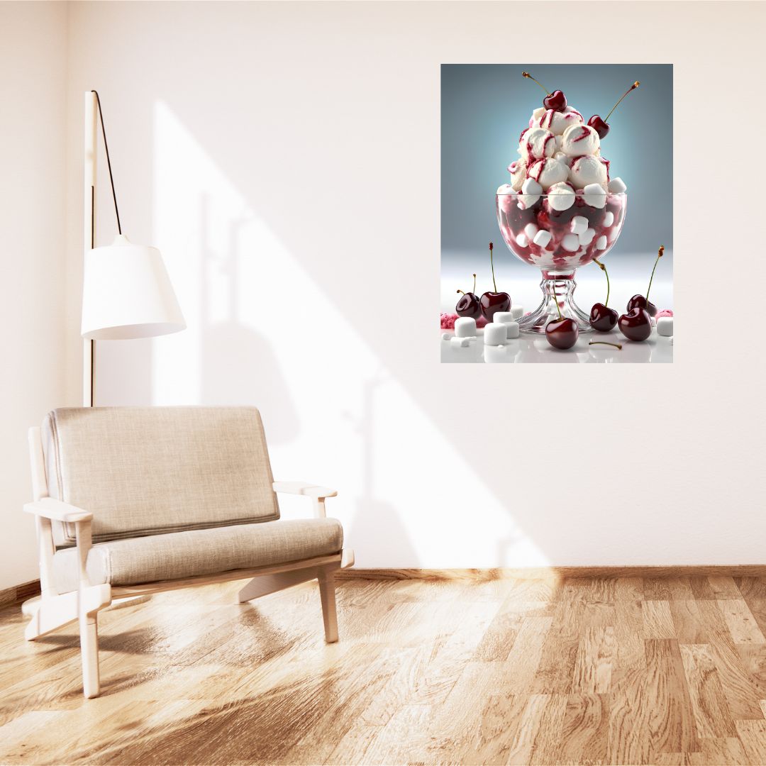 Poster Délice Gourmand: Kitchen Table "Ice Cream and Cherries"