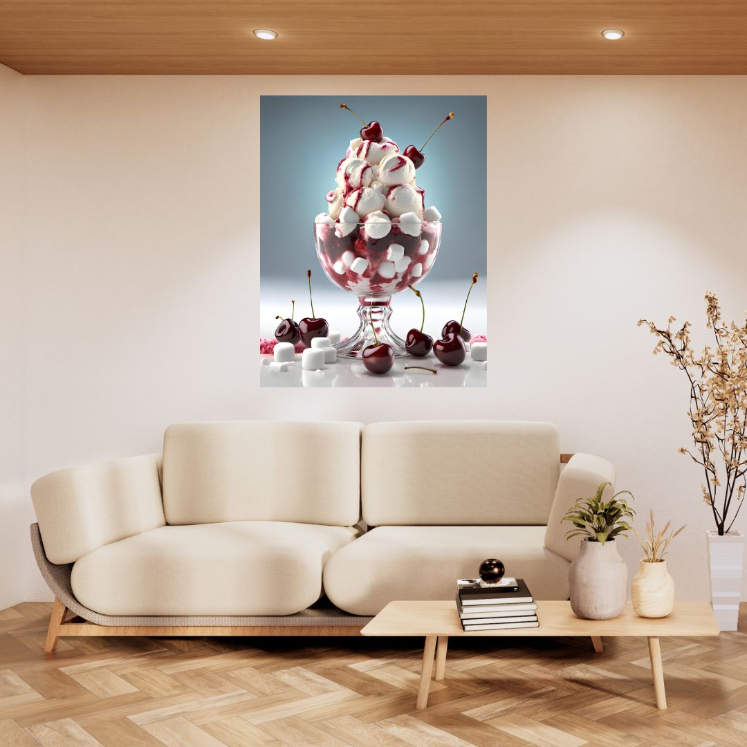 Poster Délice Gourmand: Kitchen Table "Ice Cream and Cherries"