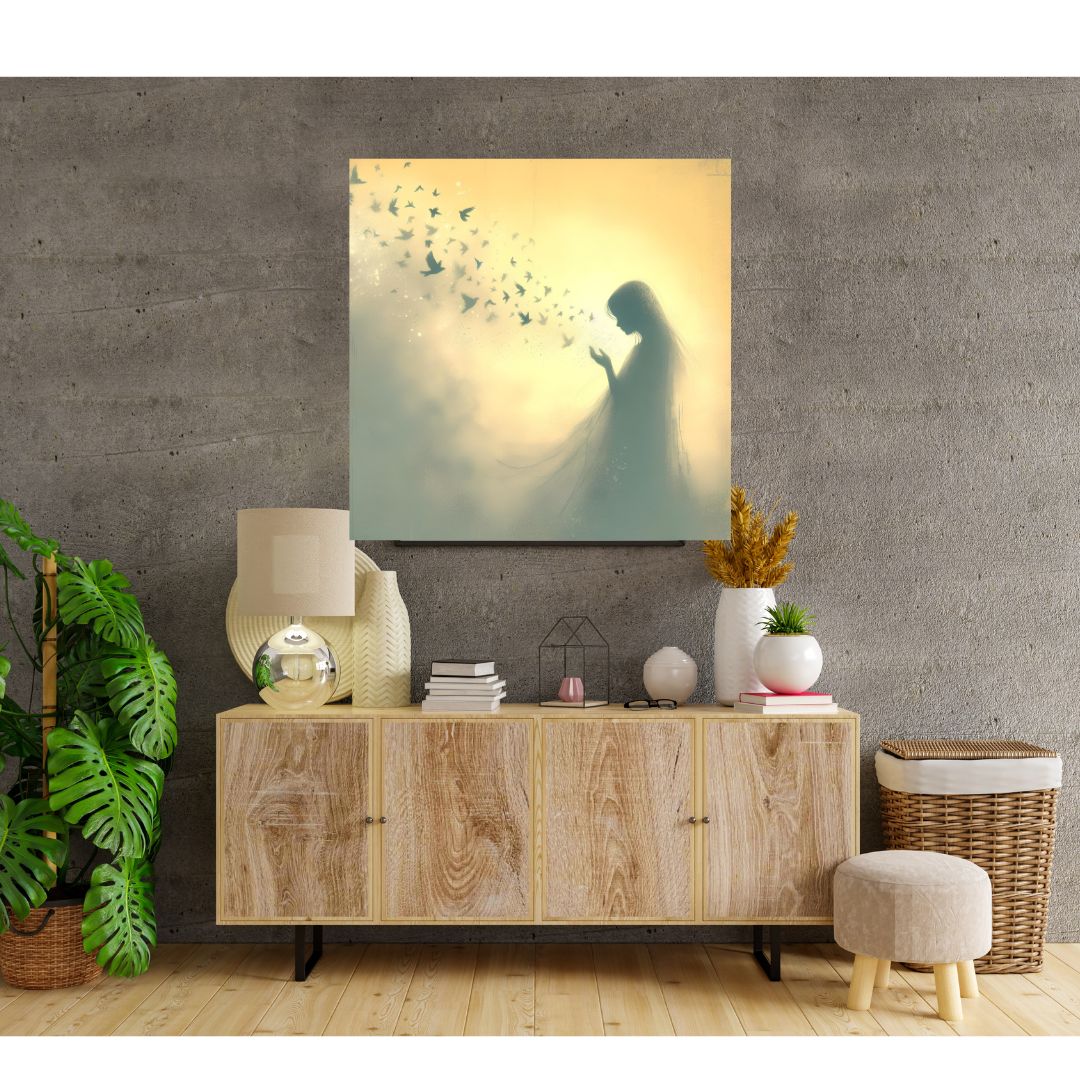 Poster Female Shadow and Flight of Birds - Poetic Painting for Wall Decoration 