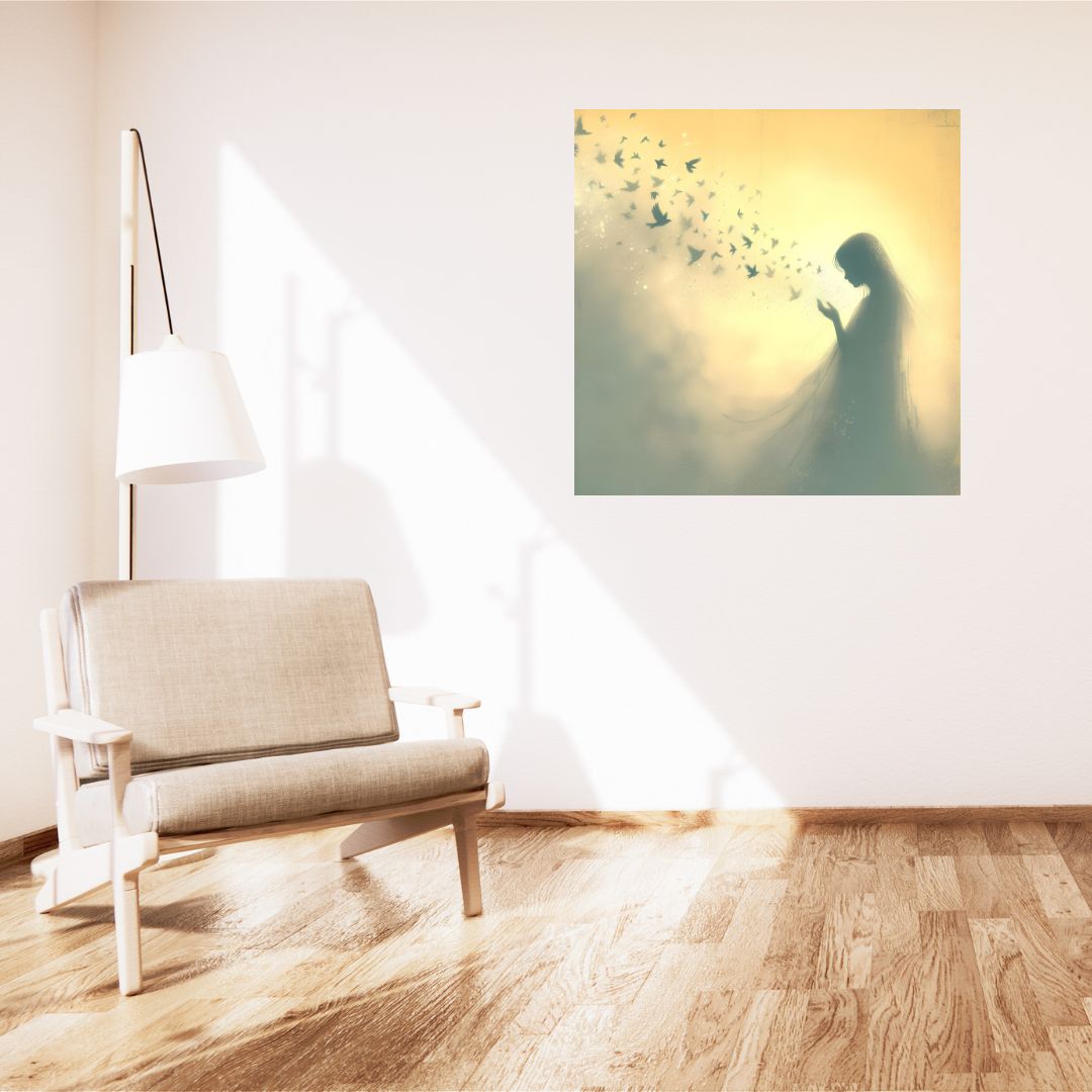 Poster Female Shadow and Flight of Birds - Poetic Painting for Wall Decoration 