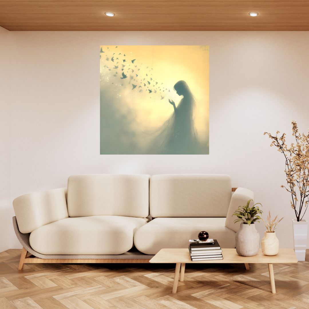 Poster Female Shadow and Flight of Birds - Poetic Painting for Wall Decoration 