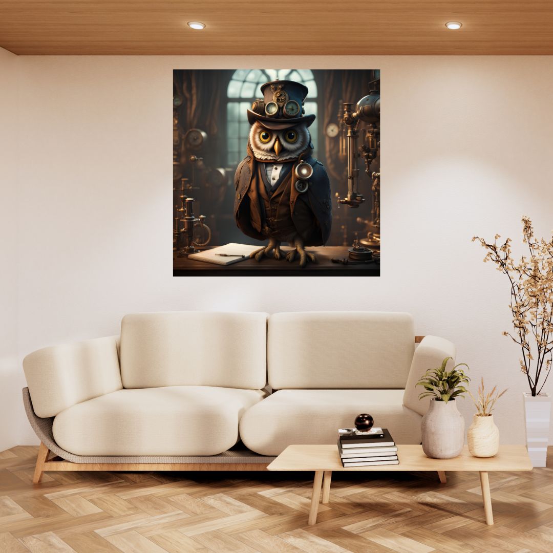 Poster Tableau Unique Chouette Steampunk avec Horloge - Décoration Murale Originale