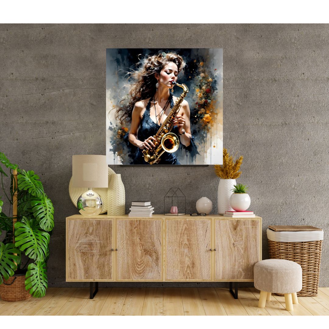 Poster Toile Femme Saxophoniste - Décoration Murale Musique