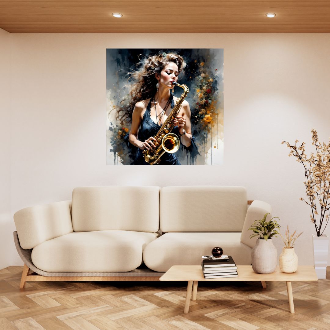 Poster Toile Femme Saxophoniste - Décoration Murale Musique