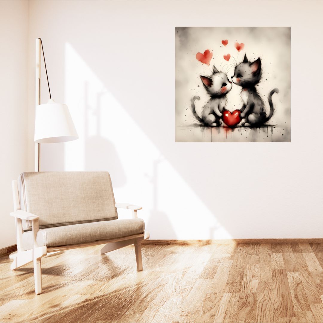 Aluminum Painting - Cats in love and hearts - Romantic wall decoration canvas 