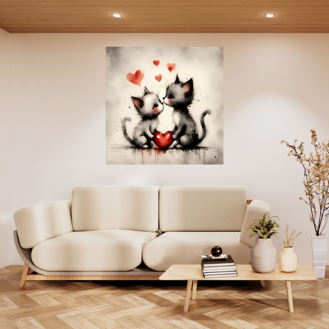 Aluminum Painting - Cats in love and hearts - Romantic wall decoration canvas 