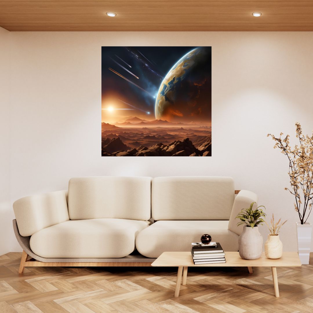 Poster Tableau Chic Planète et Étoiles Filantes - Toile Moderne Déco Murale