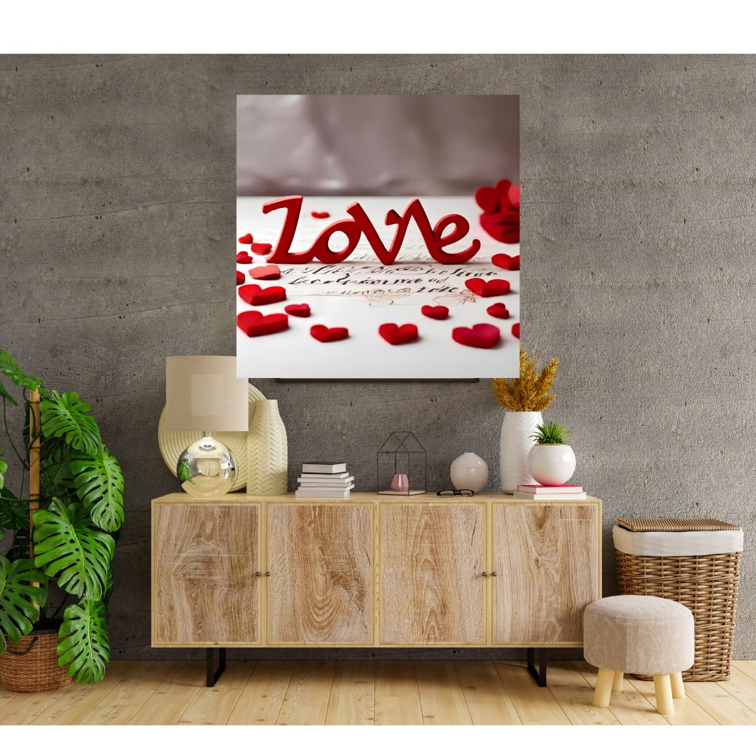 Kakemono Poster - Red Love Lettering and Hearts - Romantic Wall Decoration Canvas 