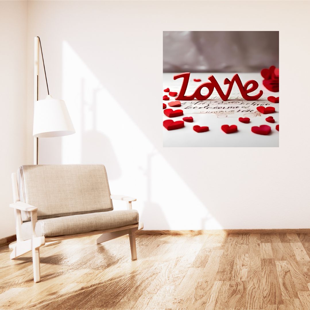 Kakemono Poster - Red Love Lettering and Hearts - Romantic Wall Decoration Canvas 