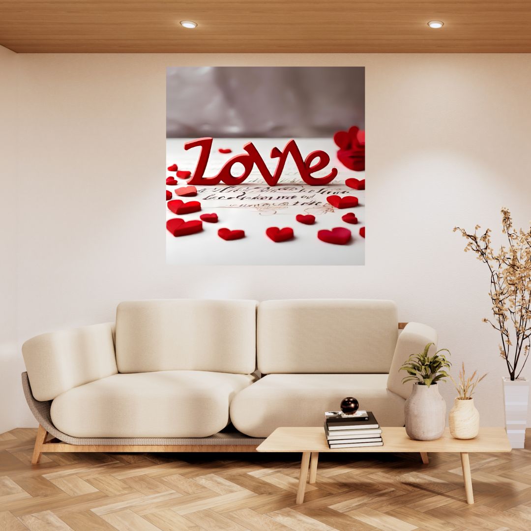 Kakemono Poster - Red Love Lettering and Hearts - Romantic Wall Decoration Canvas 