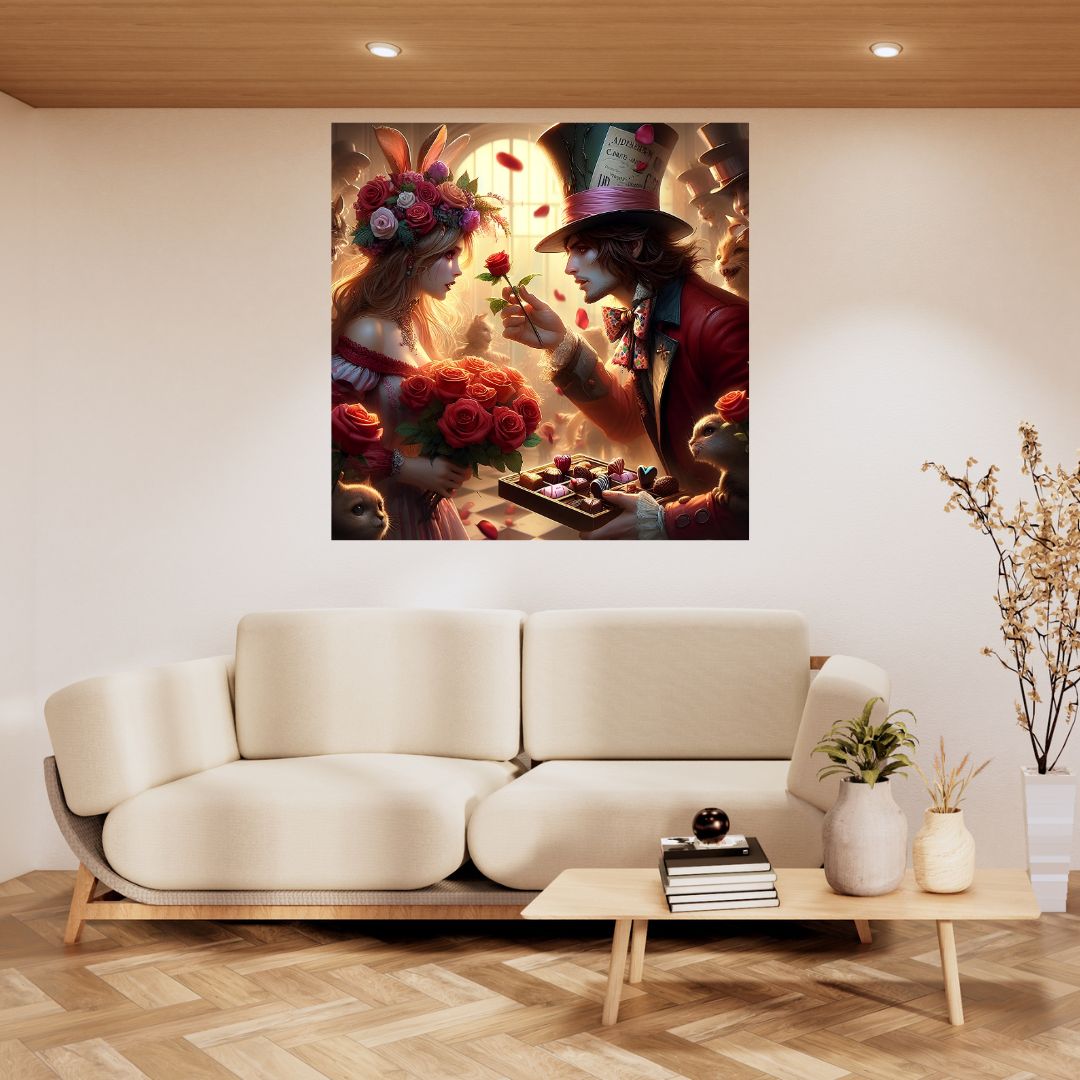 Enchanted Romance Poster: "Couple with Roses and Chocolates" Painting