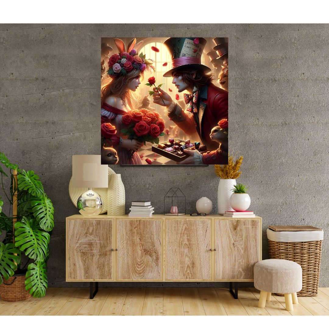 Enchanted Romance Poster: "Couple with Roses and Chocolates" Painting