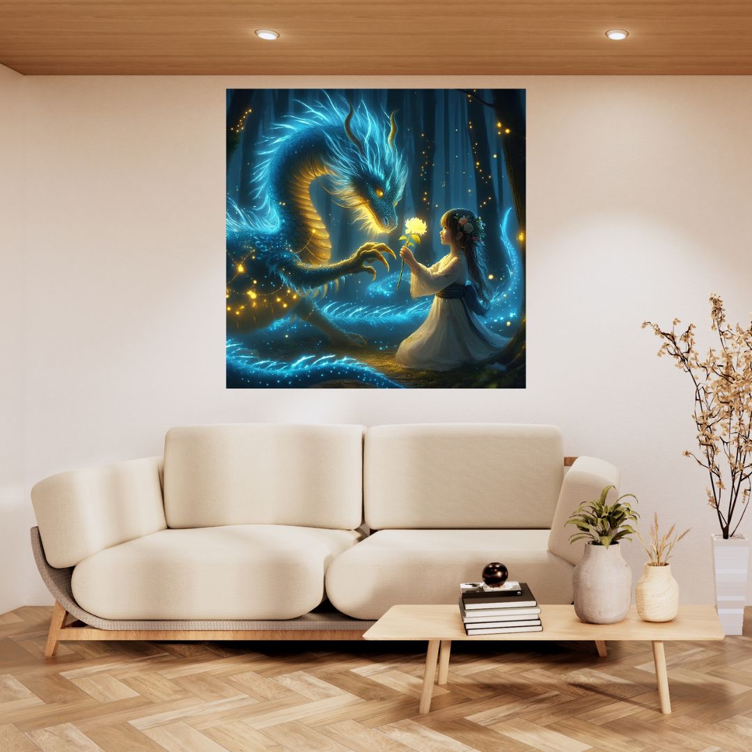 Enchanted Encounter Poster: "Blue Dragon and Little Girl" Painting