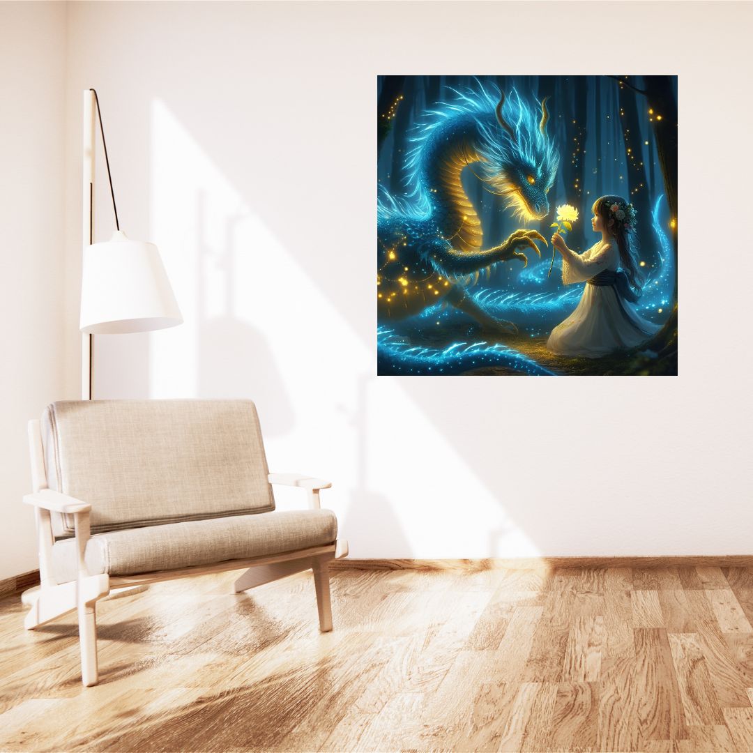 Enchanted Encounter Poster: "Blue Dragon and Little Girl" Painting