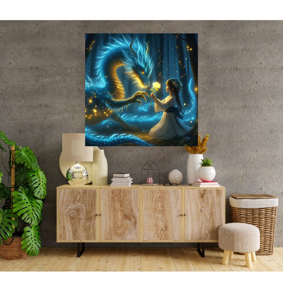 Enchanted Encounter Poster: "Blue Dragon and Little Girl" Painting